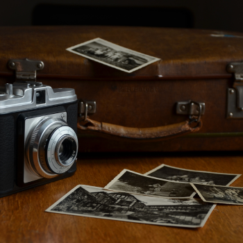 camera, briefcase, black and white photos