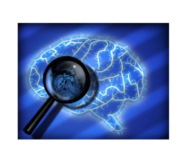 image of magnifying glass and outline of a brain